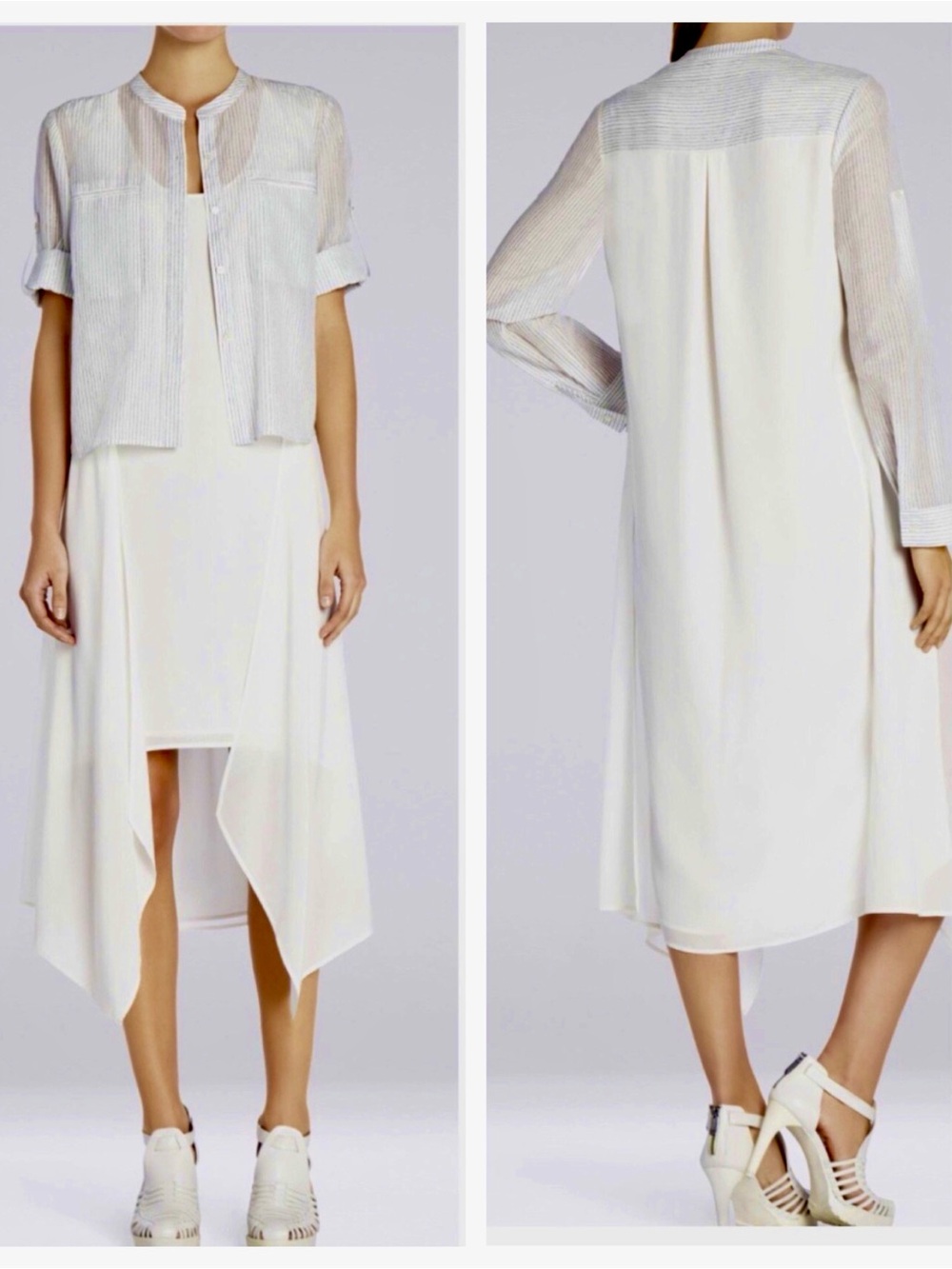 NWT BCBG MaxAzria Runway Silk Marine Asymmetrical Layered Talc Shirt Sheer Dress